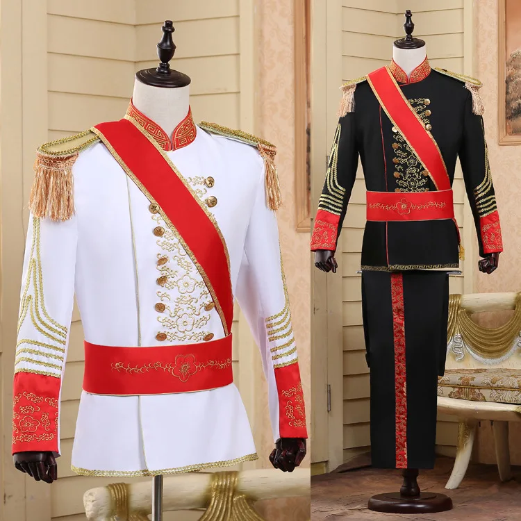 

Mens European Court Suits Military Uniform Palace Prince Suit Marshal Soldier Guard Dress Parade Stage Costumes Drum Wedding