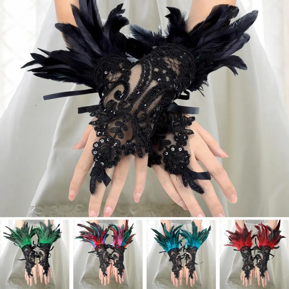 

Party Glove Lace Bracelet Sleeve Elegant Lace Feather Gloves for Halloween Party Female Stage Accessory with Embroidery Detail