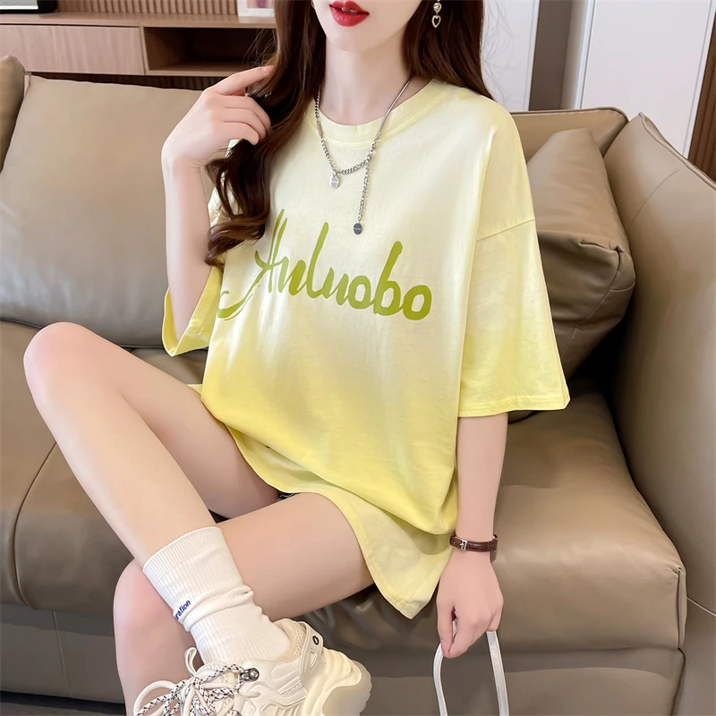 Футболка женская свободного кроя с коротким рукавом, модный Повседневный Топ средней длины из чистого хлопка с градиентом, лето 2024
Футболка женская свободного кроя с коротким рукавом, модный Повседневный Топ средней длины из чистого хлопка с градиентом, лето 2024