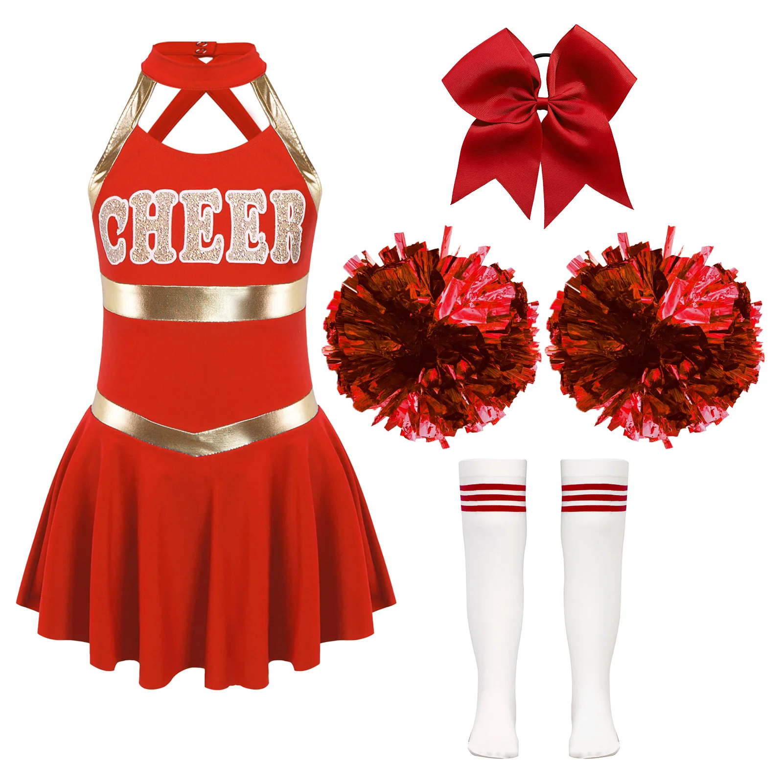 

Kids Girls Cheerleading Outfits Cheer Leader Sleeveless Dance Dress with Stocking Hand Flowers Set Halloween Cosplay Dress Up