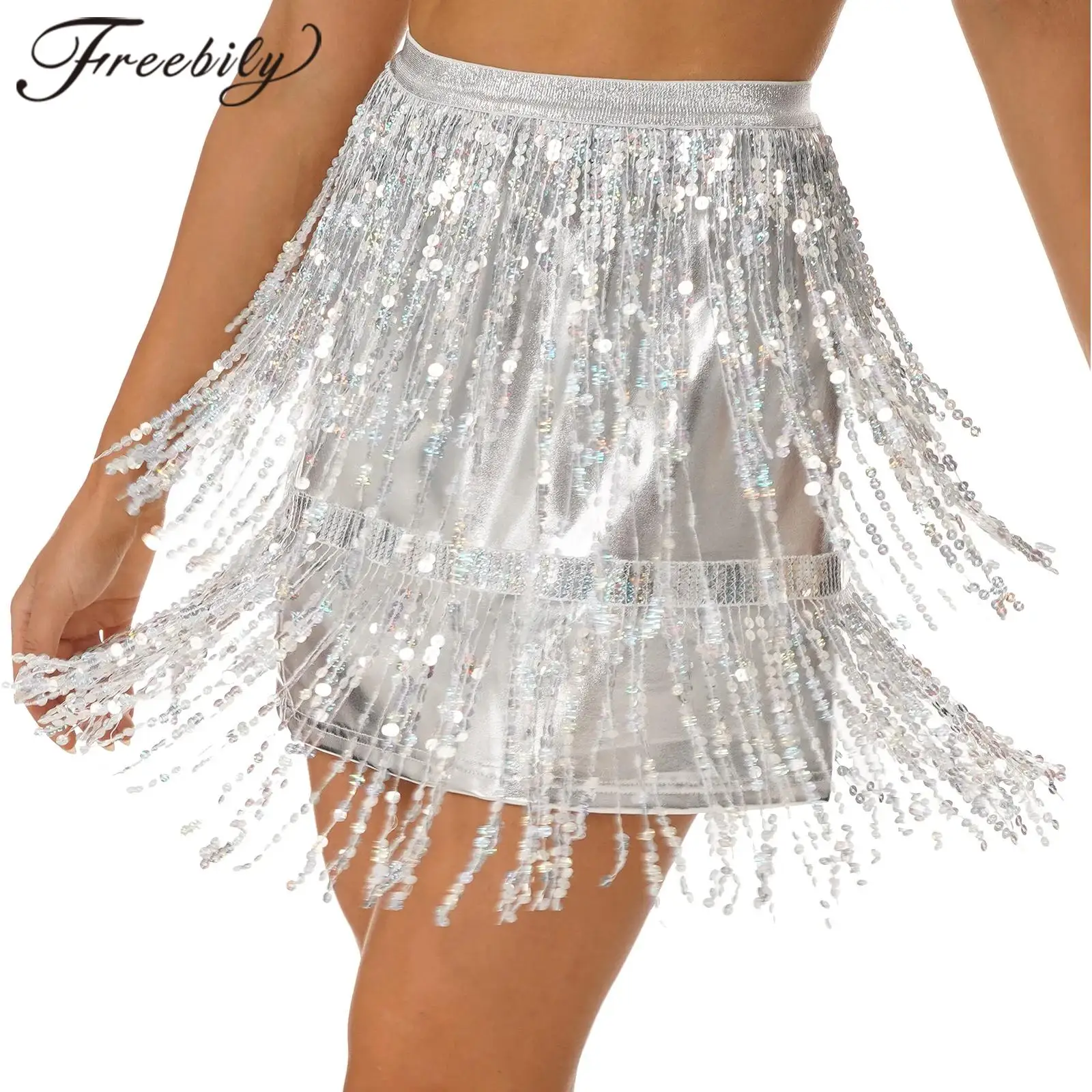 

Womens Sparkly Sequin Tassel Skirt Latin Dance Costume Clubwear Bellydance Costume Performance Dancewear Fringed Mini Skirts