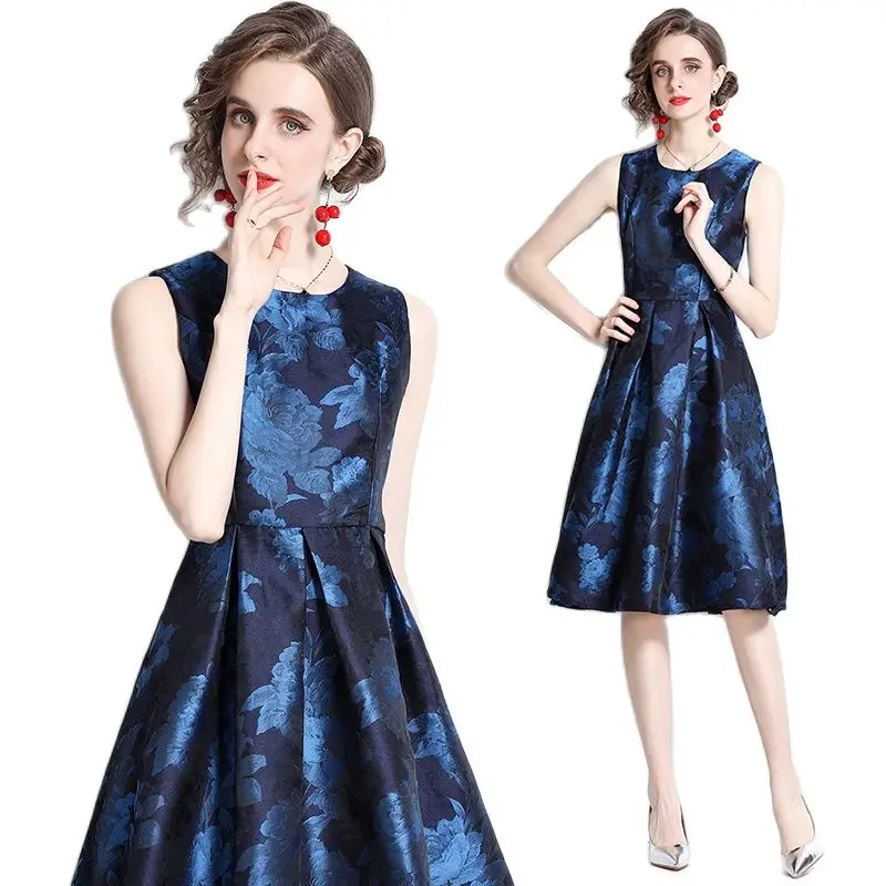 

Summer Sleeveless Floral Midi Blue Dress 2023 Women Designer O-Neck Slim A-Line Party Jacquard Vest Dresses Big Swing Ballgown