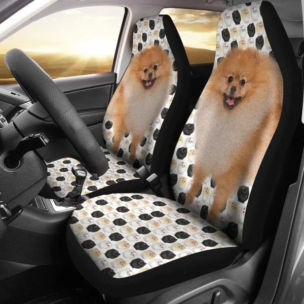 

Black White Pomeranian Dog Patterns Print Car Seat Covers 2Pcs