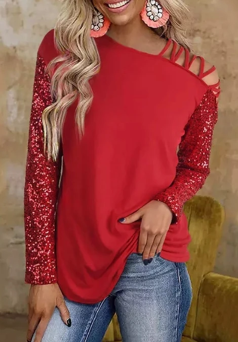 Sequin Patchwork Sleeves, Solid Color Single Shoulder Long Sleeved Diagonal Collar Top, Red New Fashionable Long Sleeved Shirt
Sequin Patchwork Sleeves, Solid Color Single Shoulder Long Sleeved Diagonal Collar Top, Red New Fashionable Long Sleeved Shirt