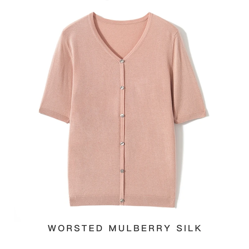 

MVLYFLRT 85% Mulberry Silk and 15% Cashmere Short Sleeved Women's Summer V-Neck Cardigan Vest Casual Knitted T-Shirt Thin Top