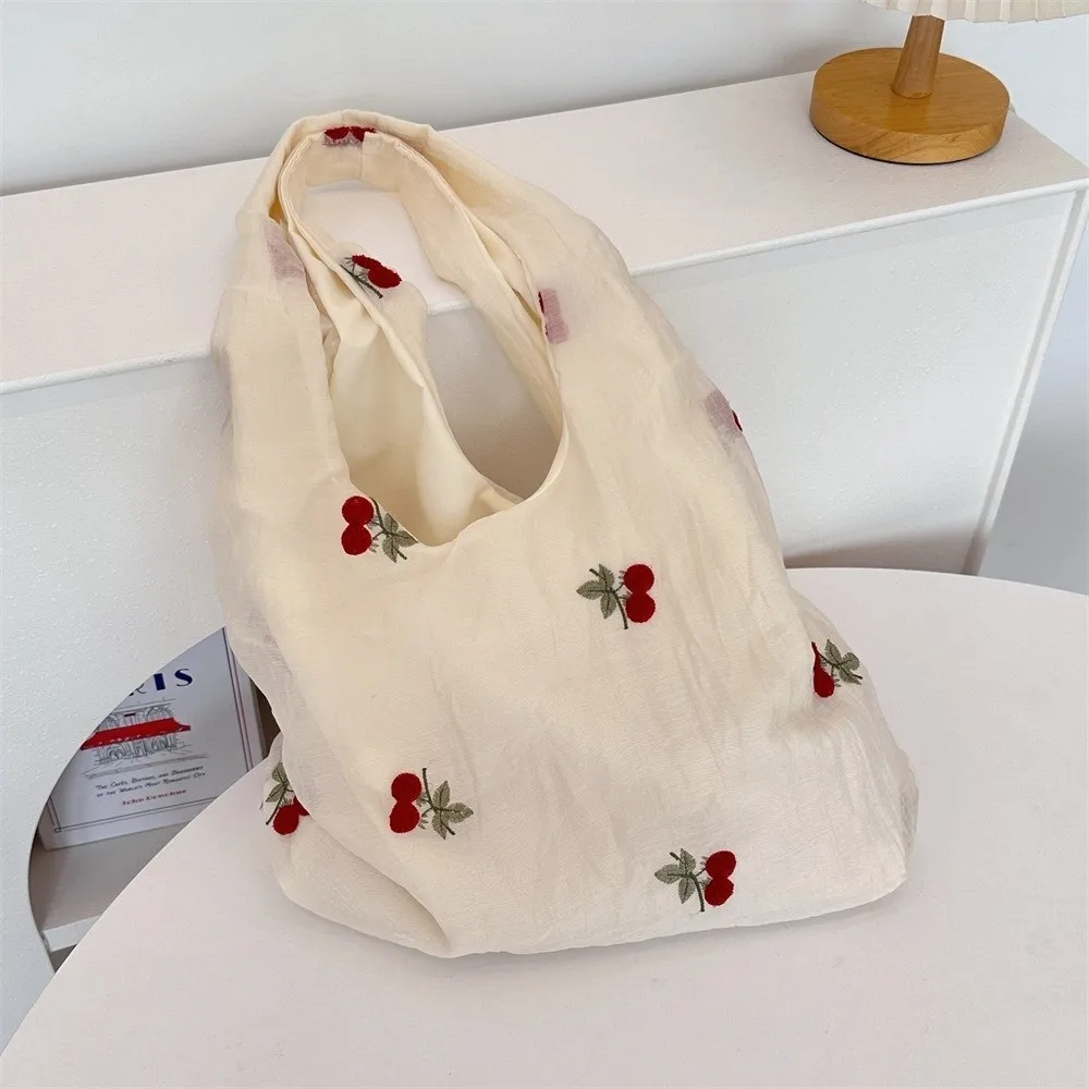 Simple Embroidered Bow Tote Bag Chiffon Solid Color Cherry Shoulder Bag Light Weight Korean Style Canvas Underarm Bag Handbag Simple Embroidered Bow Tote Bag Chiffon Solid Color Cherry Shoulder Bag Light Weight Korean Style Canvas Underarm Bag Handbag