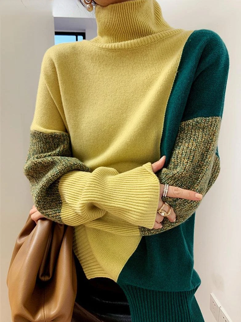 

Women's Long Sleeved Turtleneck Contrasting Sweater Loose Fitting Autumn And Winter New Knitted Pullover Vintage Top