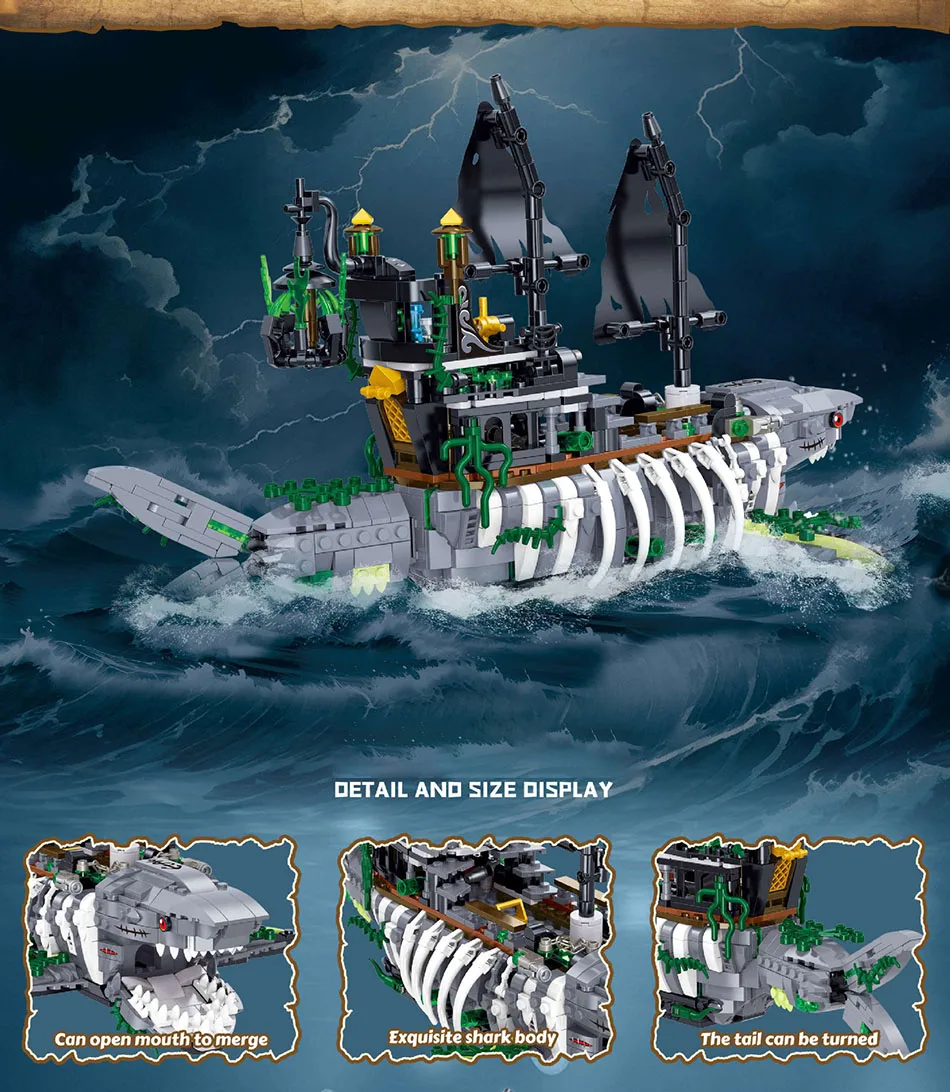 1155PCS MOC Creative Shark Skeleton Pirate Ship Model Micro Building Blocks Bricks Set Ghost Pirate Boat Kits Toys For Kids Gift 1155PCS MOC Creative Shark Skeleton Pirate Ship Model Micro Building Blocks Bricks Set Ghost Pirate Boat Kits Toys For Kids Gift