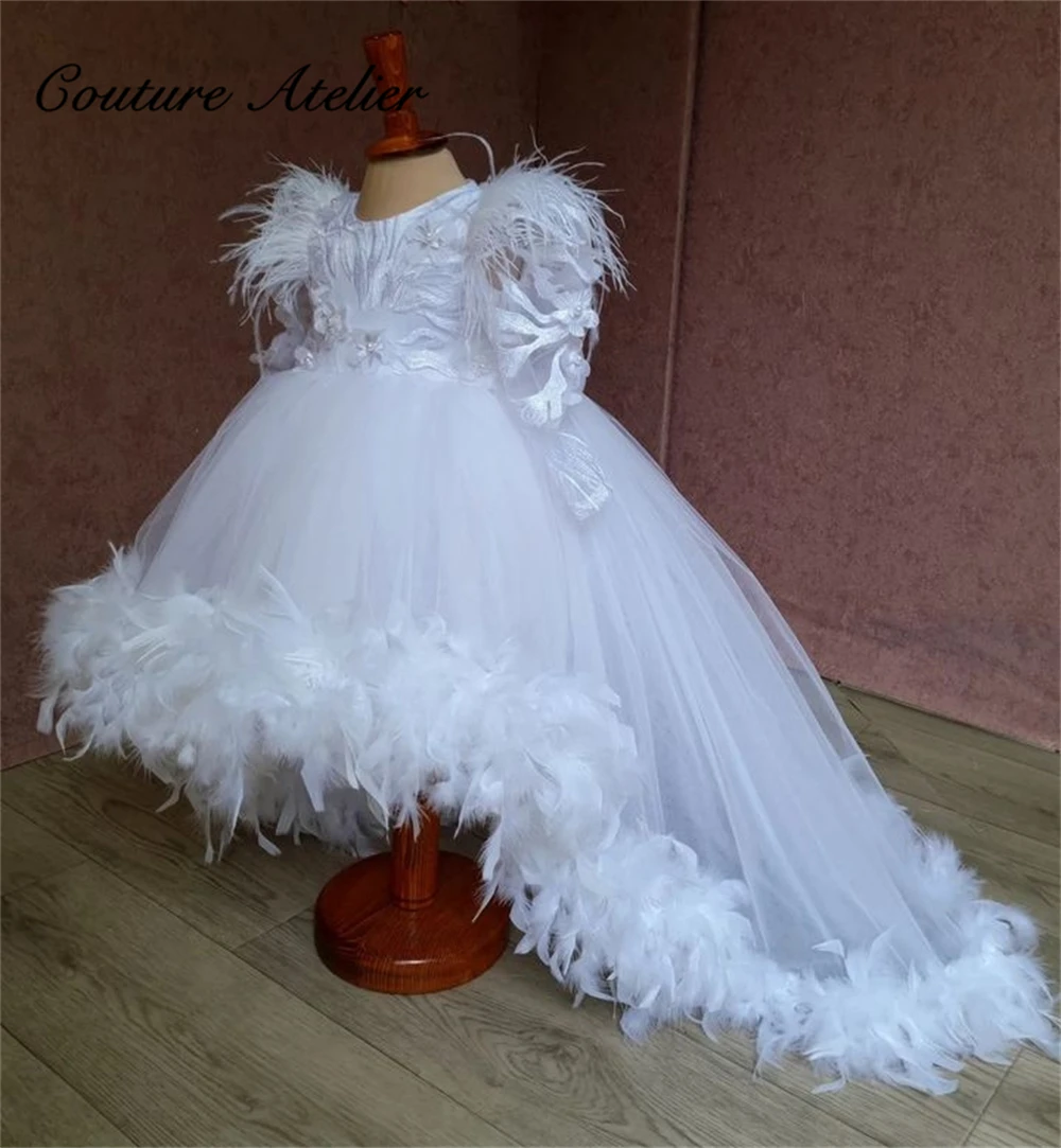 

Lace Long Sleeve White Feather Flower Girl Dress Tulle Long Train Princess First Communion Dresses Wedding Dance Party Dream Kid