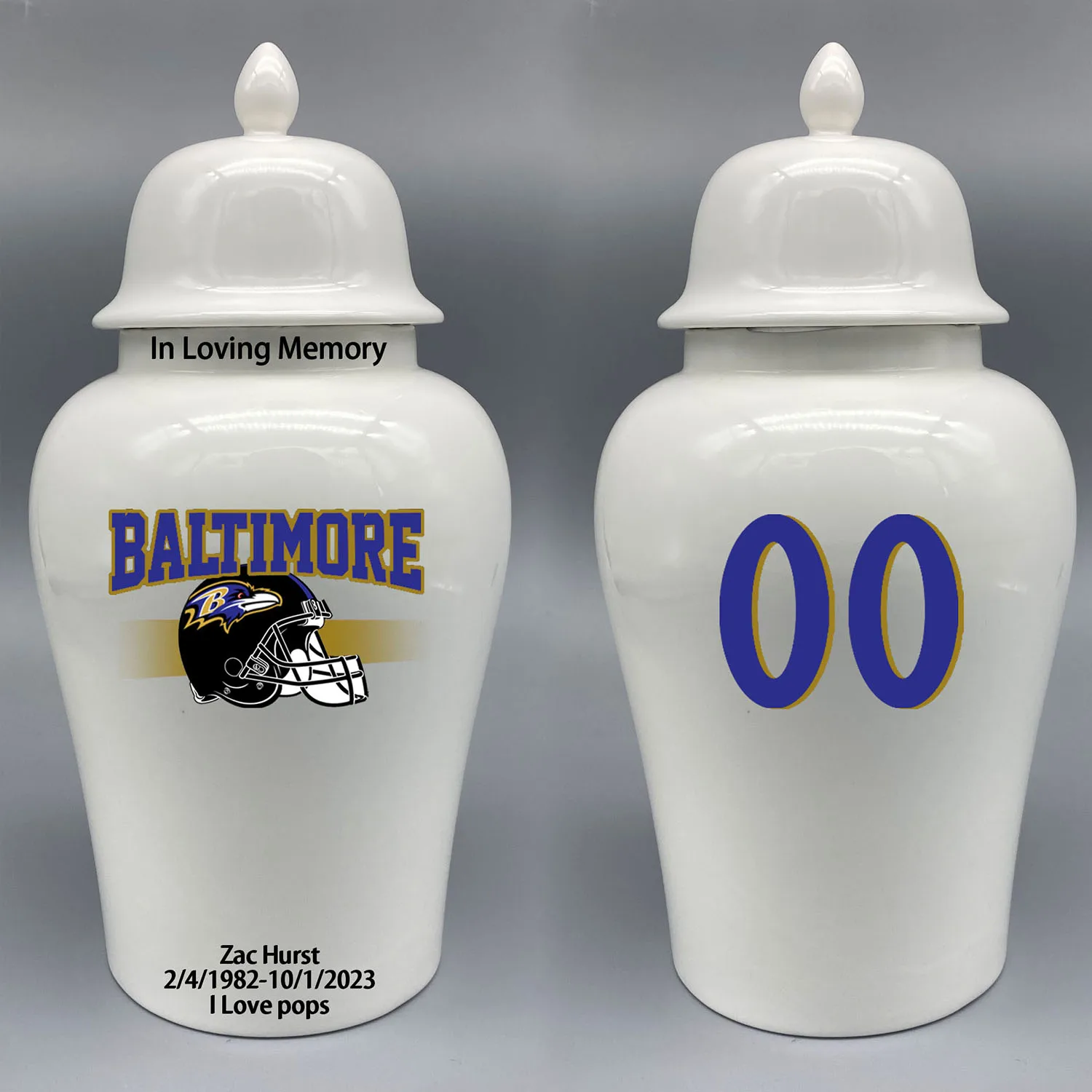 Large Urn for Baltimore Ravens-themed Logo Urn.Please send me the customize information-name/date and number on the urn
Large Urn for Baltimore Ravens-themed Logo Urn.Please send me the customize information-name/date and number on the urn