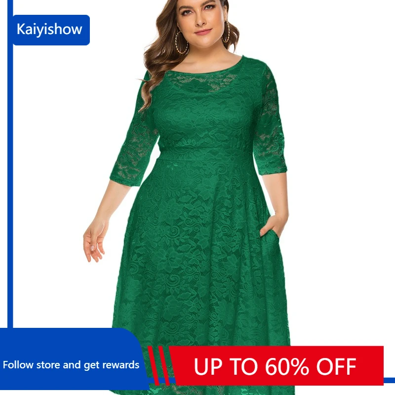 

2023 O-neck Women Dress Plus Size Midi Dress XL-6XL Elegant Embroidery Lace 3/4 Sleeve Lady Evening Dress Female Clothing