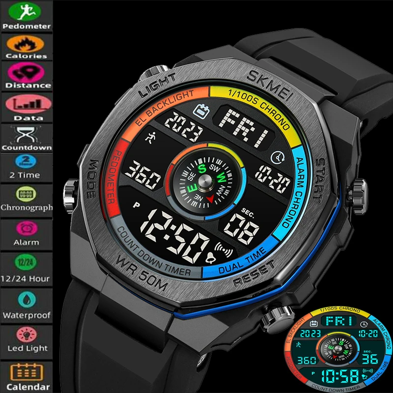 

Skmei Men's Outdoor Sport's Watch 3D Pedometer Calories Mileage Wristwatch Led Waterproof Multifunctional Dual Time Countdown