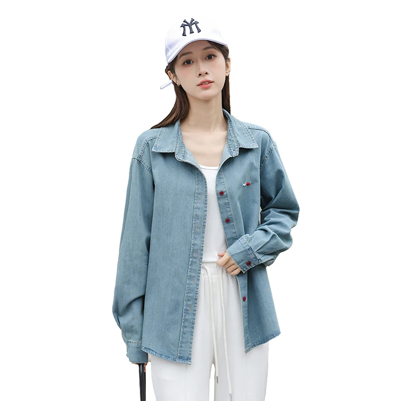 

2024 Spring Summer Korean Style Women Denim shirt Harajuk Long Sleeve Turn-down Collar Casual Loose Single Breasted Coat A026