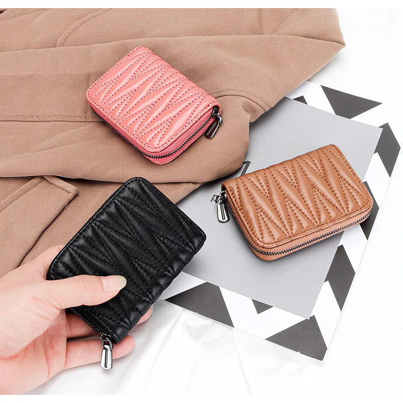 

RFID 9 Card Slots Credit Card Holder Genuine Leather Small Card Case for Women Men Brand Wrinkled Accordion Wallet with Zipper