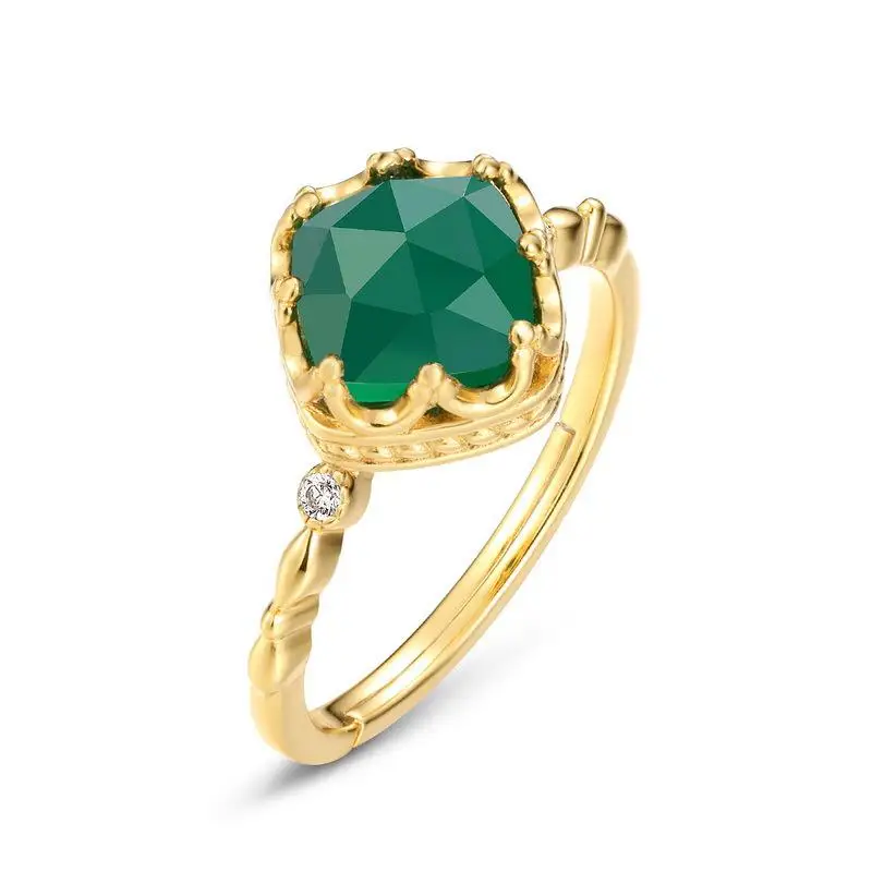 

Faceted Agate Ring S925 Sterling Silver 10k Gold Plated White Zircon Green Agate Rings Women Natural Gemstone Fine Jewelry