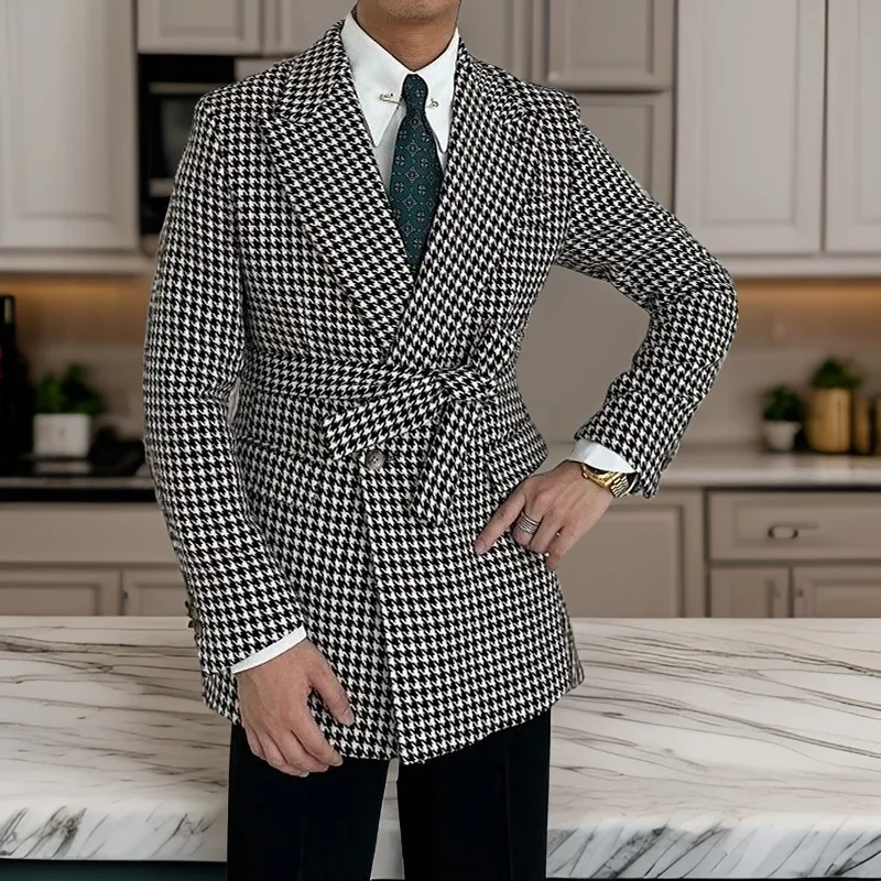 

Double Breasted Check Suit Jacket for Men 1 Pcs Peak Lapel Houndstooth Blazer Slim Fit Custom Male Fashion Plaid Coat 2024