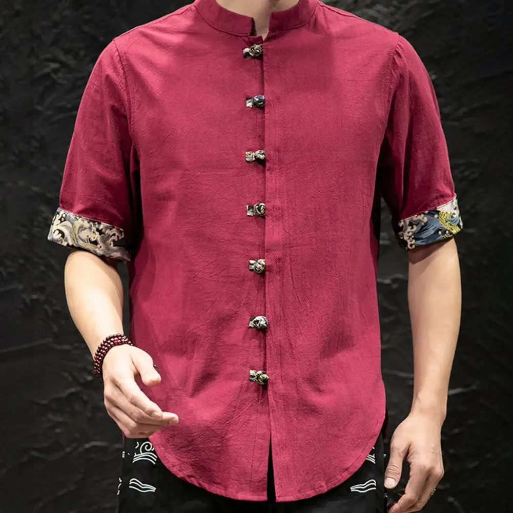 

Modern Chinese Style Top Chinese Style Stand Collar Men's Spring Shirt with Printed Cuff Single-breasted Knot Buttons Solid
