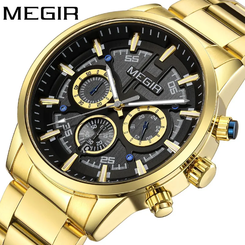 

MEGIR Watch Men Stainless Steel Business Quartz Chronograph Waterproof Army Sport Wristwatches Auto Date Мужские кварцевые часы