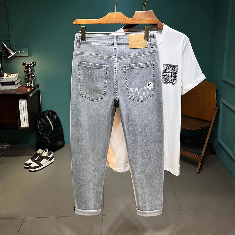 

2024 Spring and Summer Thin Cropped Jeans Men's Stretch Slim-Fitting Fashion Brand Printed Scratch Tapered Casual Pants