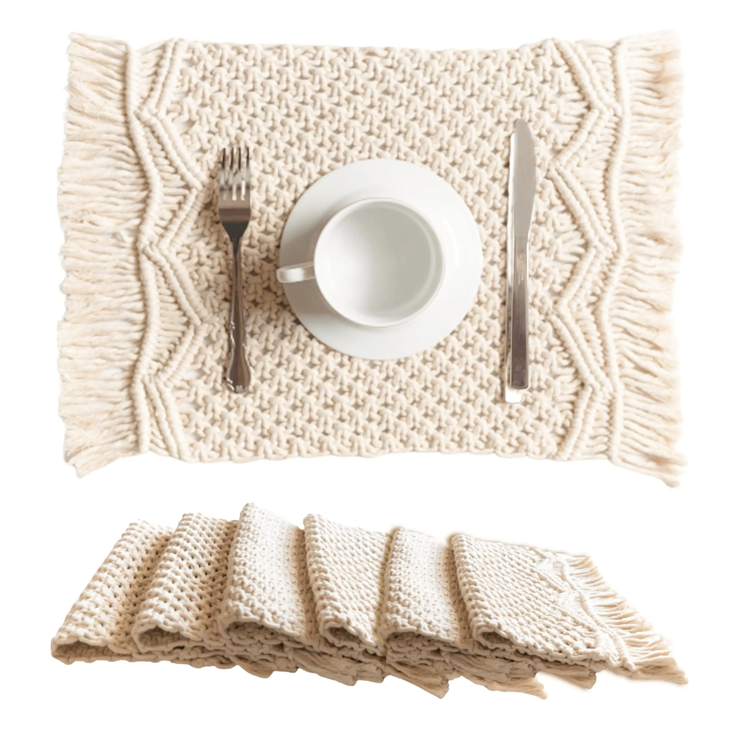 

Macrame Placemats Set of 4, Handmade Cotton Woven,Boho Placemats,Modern Farmhouse Fringe Placemat for Dining Table,Wedding,Rusti