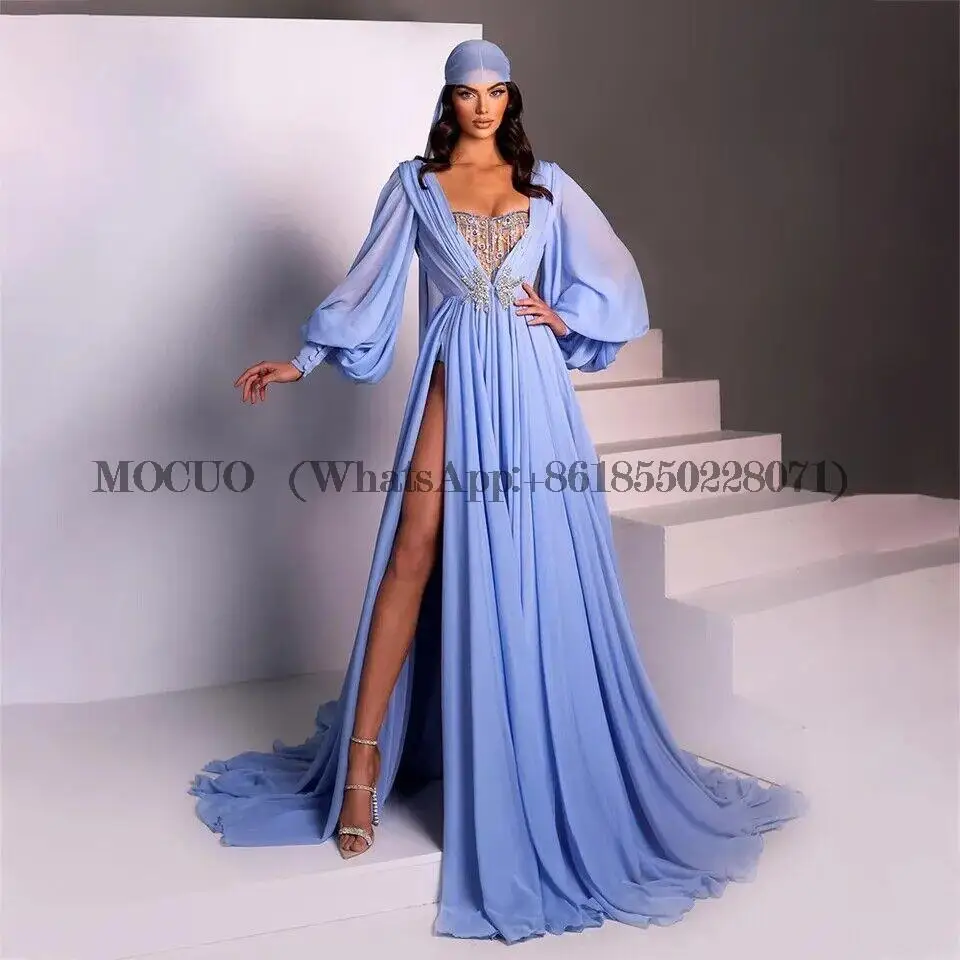 Sky Blue Formal Evening Dresses Crystal Beadings Dubai Side Slit Celebrity Gowns A-Line Boho Pleat Prom Fashion Dress 2023
Sky Blue Formal Evening Dresses Crystal Beadings Dubai Side Slit Celebrity Gowns A-Line Boho Pleat Prom Fashion Dress 2023