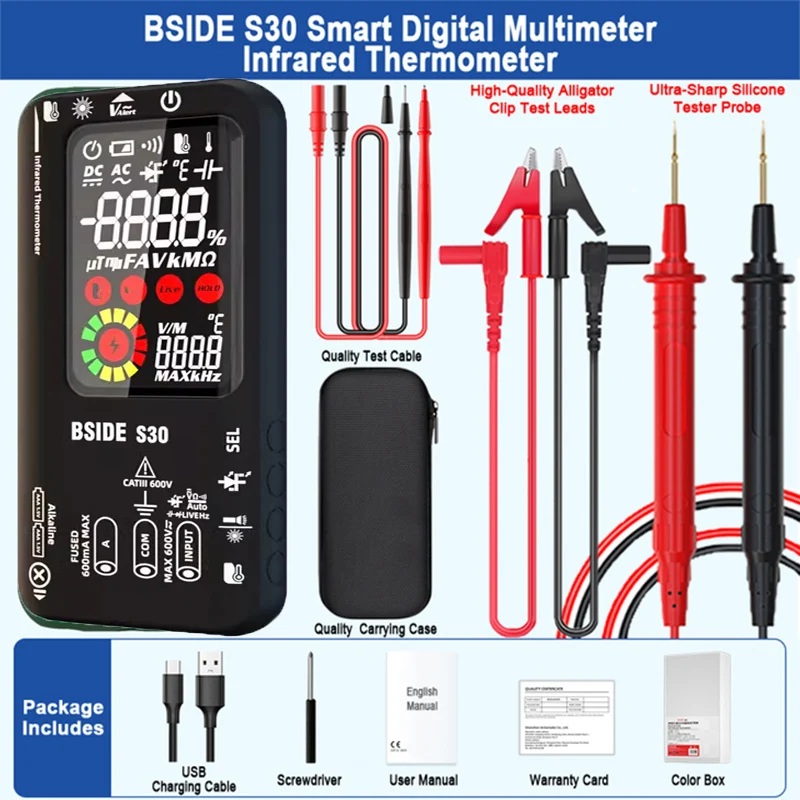 BSIDE S30 USB Charge Professional Digital Multimeter 15V Diode True RMS Smart AC DC Voltage Current Tester Infrared Thermometer
BSIDE S30 USB Charge Professional Digital Multimeter 15V Diode True RMS Smart AC DC Voltage Current Tester Infrared Thermometer