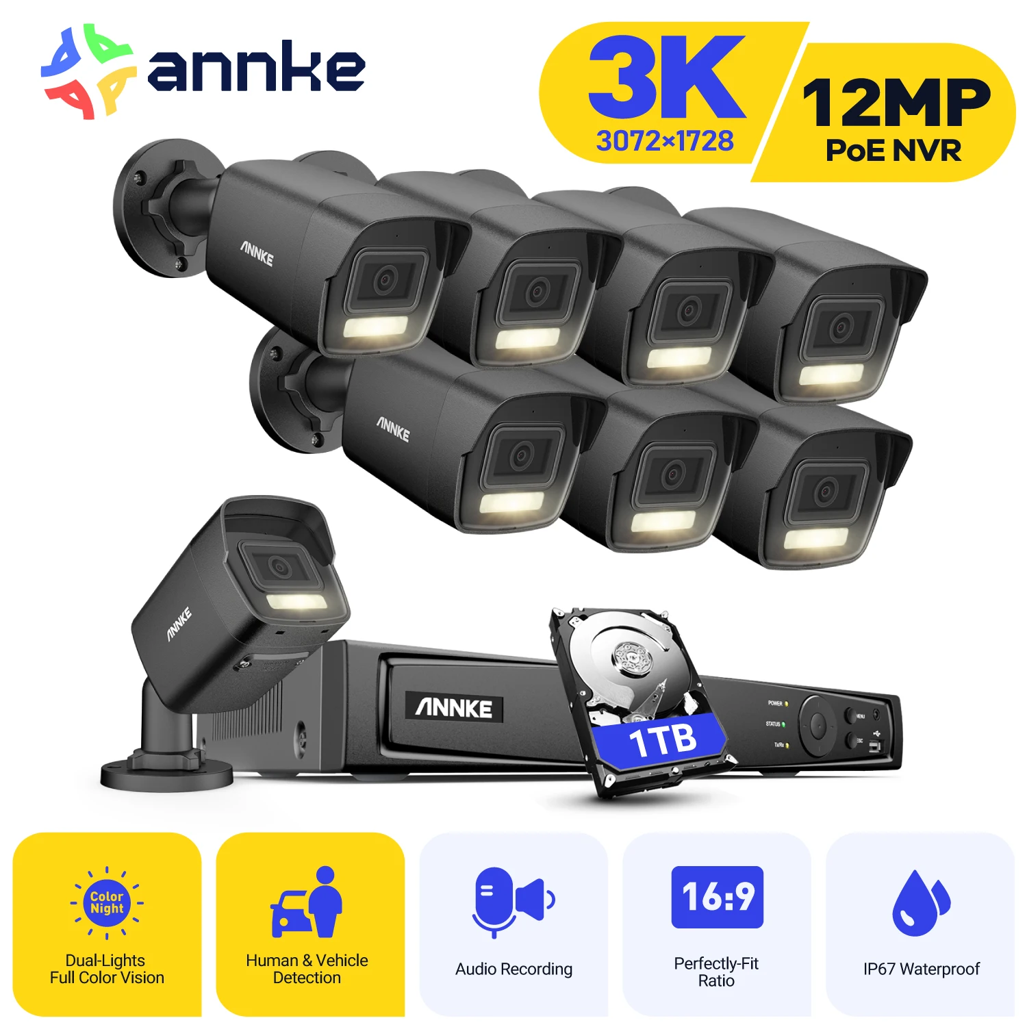 

Система видеонаблюдения ANNKE 8-канальная сетевая с поддержкой POE, H.265 + умная двойная зеркальная камера безопасности с функцией ночного видения и обнаружением движения