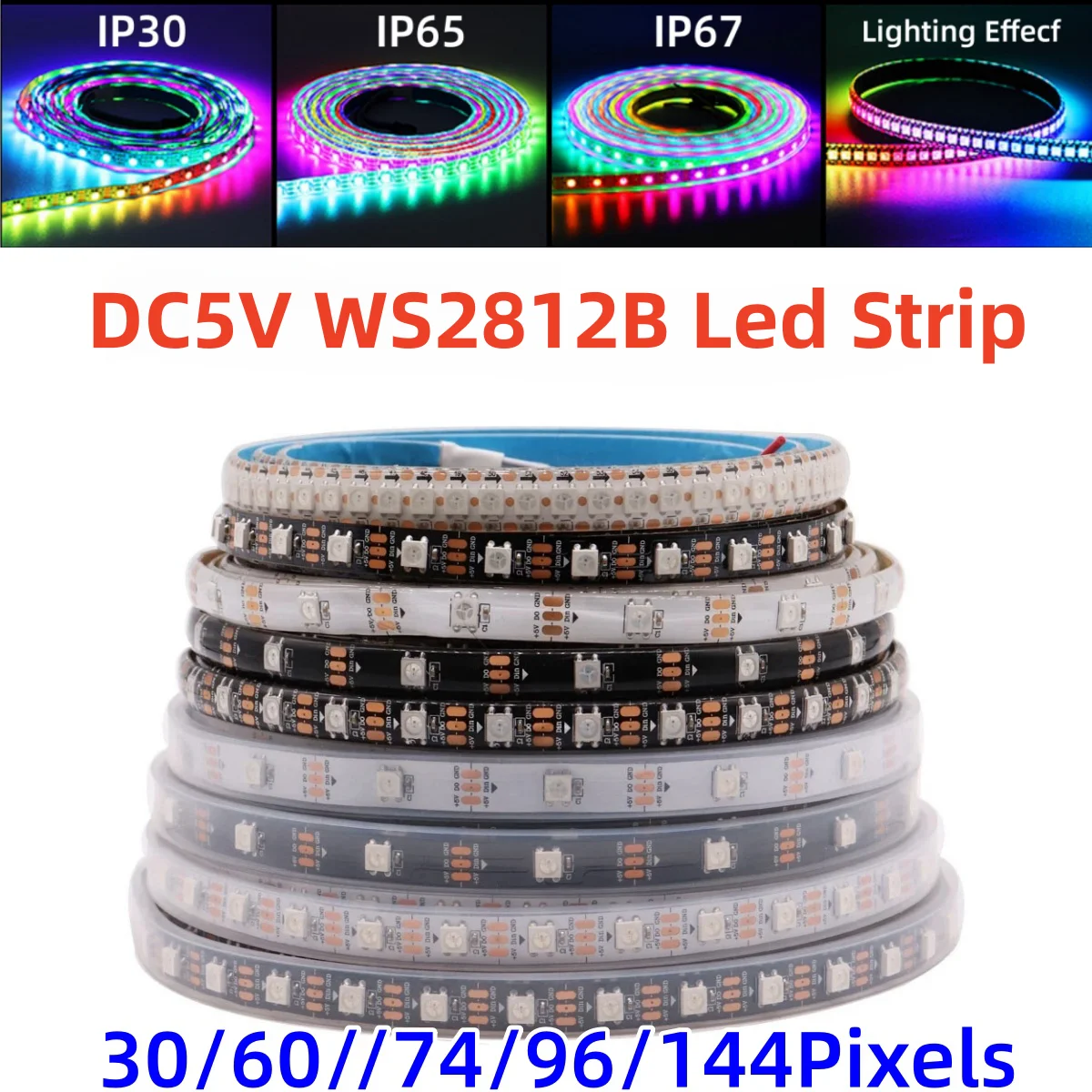 

DC5V WS2812B Led Strip 30/60/74/96/144 Leds Smart RGB Pixel Strip Black/White PCB IP30/65/67 WS2812 IC Led Light 1m/2m/3m/4m/5m