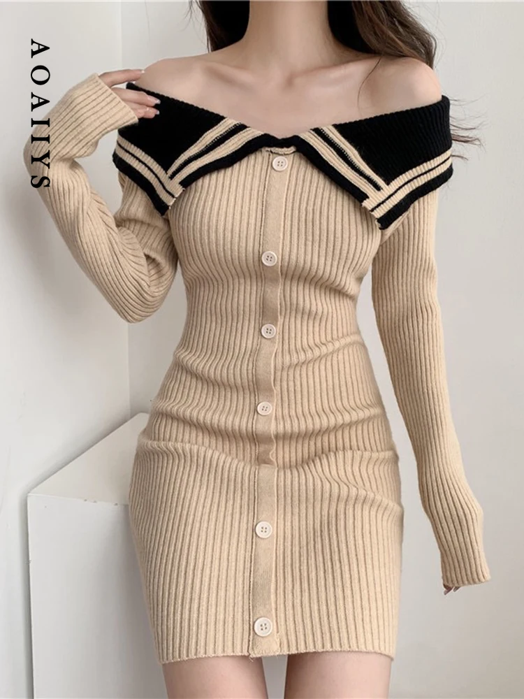 

Aoaiiys Knitted Dresses for Women Korean Fall Winter Patchwork Long Sleeve Slash Neck Off Shoulder Fashion Sexy Slim Mini Dress