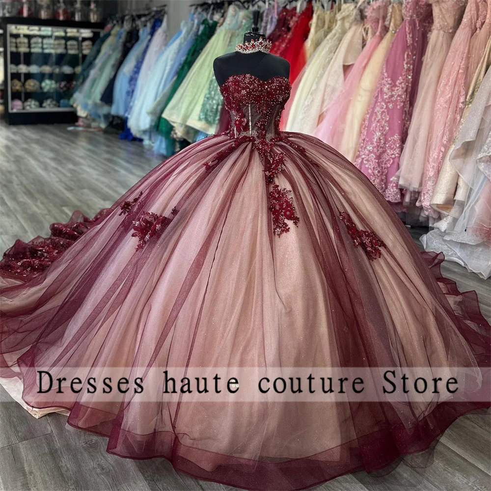 

New Burgundy Tulle Quinceanera Dresses Ball Gown 2024 Beaded Appliques Flowers Sweet 16 Dress Birthday Dress vestidos de