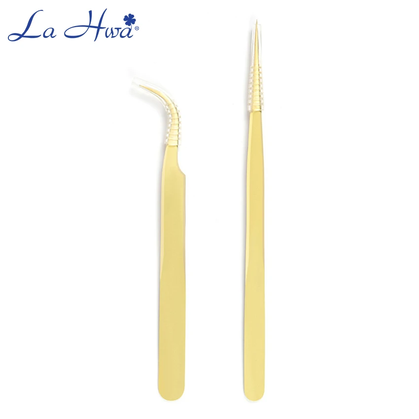 

2pcs Gold Stainless Steel Eyelash Tweezers Professional For Lash Extension Supplies Straight Curved Tweezer Makeup Tools