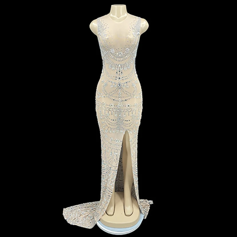 Luxury Rhinestones Sexy Slit Sheath Floor-Length Dress Evening Party Performance Costume Bar Nightclub Singer Dancer Stage Wear 
Luxury Rhinestones Sexy Slit Sheath Floor-Length Dress Evening Party Performance Costume Bar Nightclub Singer Dancer Stage Wear