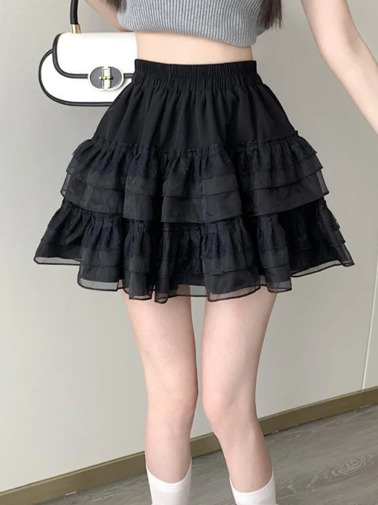 

Новая кружевная дизайнерская короткая плиссированная юбка, сексуальная черная Летняя мини-юбка с высокой талией и оборками, милая повседневная юбка в стиле преппи