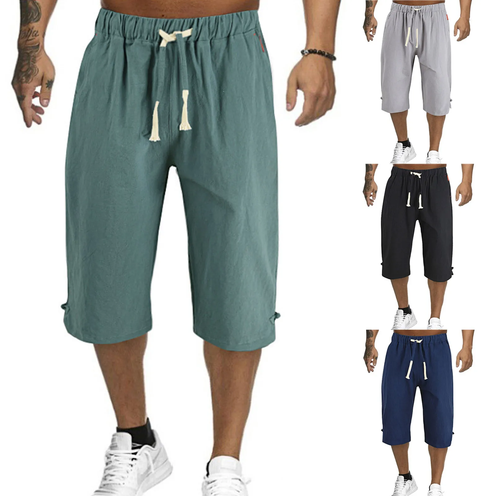 

Mens Cropped Pants Casual Solid Pockets Loose Short Wide Leg Harem Pants Cotton Linen Elastic Waist Drawstring Pantalones 2024