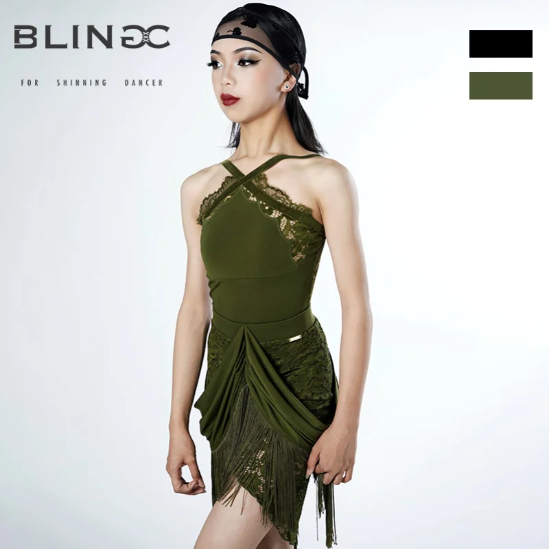 Green/Black Professional Latin Dance Costume for Girls Competitin Clothes Suspender Top with Fringed Skirt Latin Suit L22320 
Green/Black Professional Latin Dance Costume for Girls Competitin Clothes Suspender Top with Fringed Skirt Latin Suit L22320