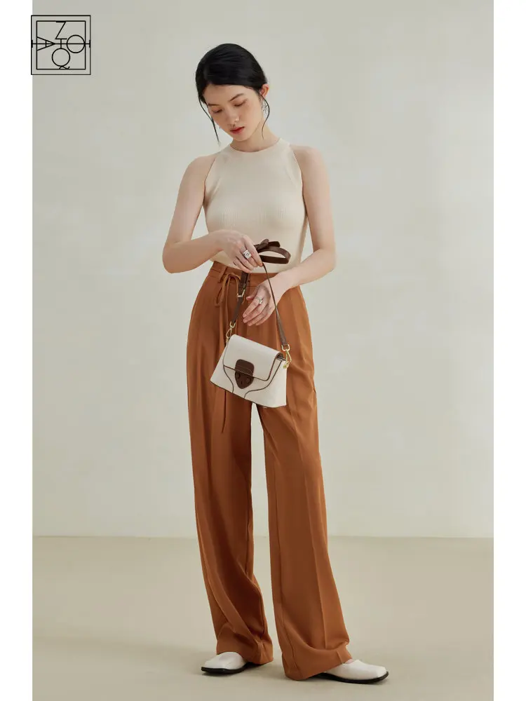 

ZIQIAO Design Lace-up Waist Thin Straight-leg Mopping Trousers for Women Summer New Slimming Commuter Long Pants for Female