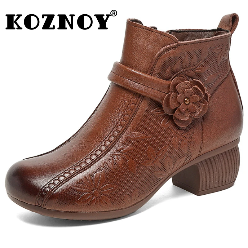 

Koznoy 4.5CM Embossed Genuine Leather Women Autumn Boots Spring Booties Ankle Fashion Chunky Heels Winter Plush Ethnic Shoes