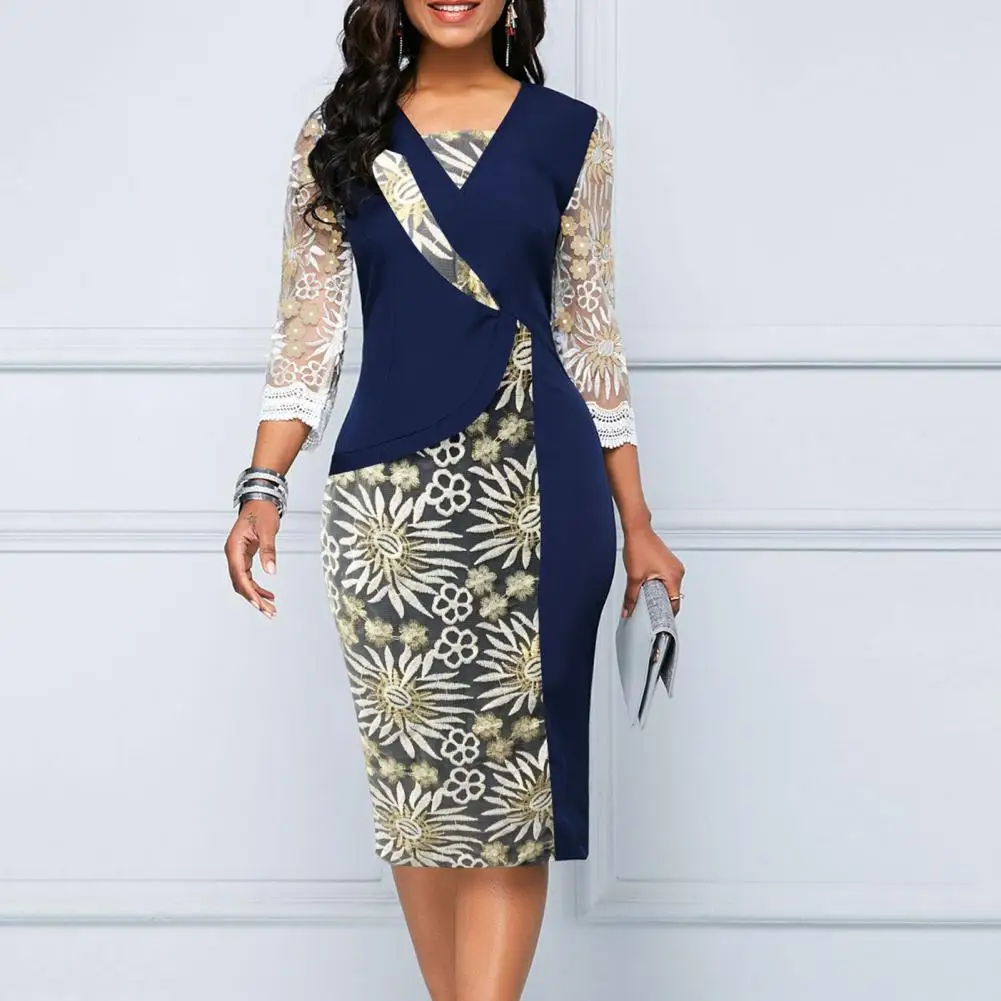 

Элегантное женское платье с принтом, V-образным вырезом и рукавом 3/4, тонкое платье миди, модное женское повседневное облегающее платье, деловые наряды для поездок