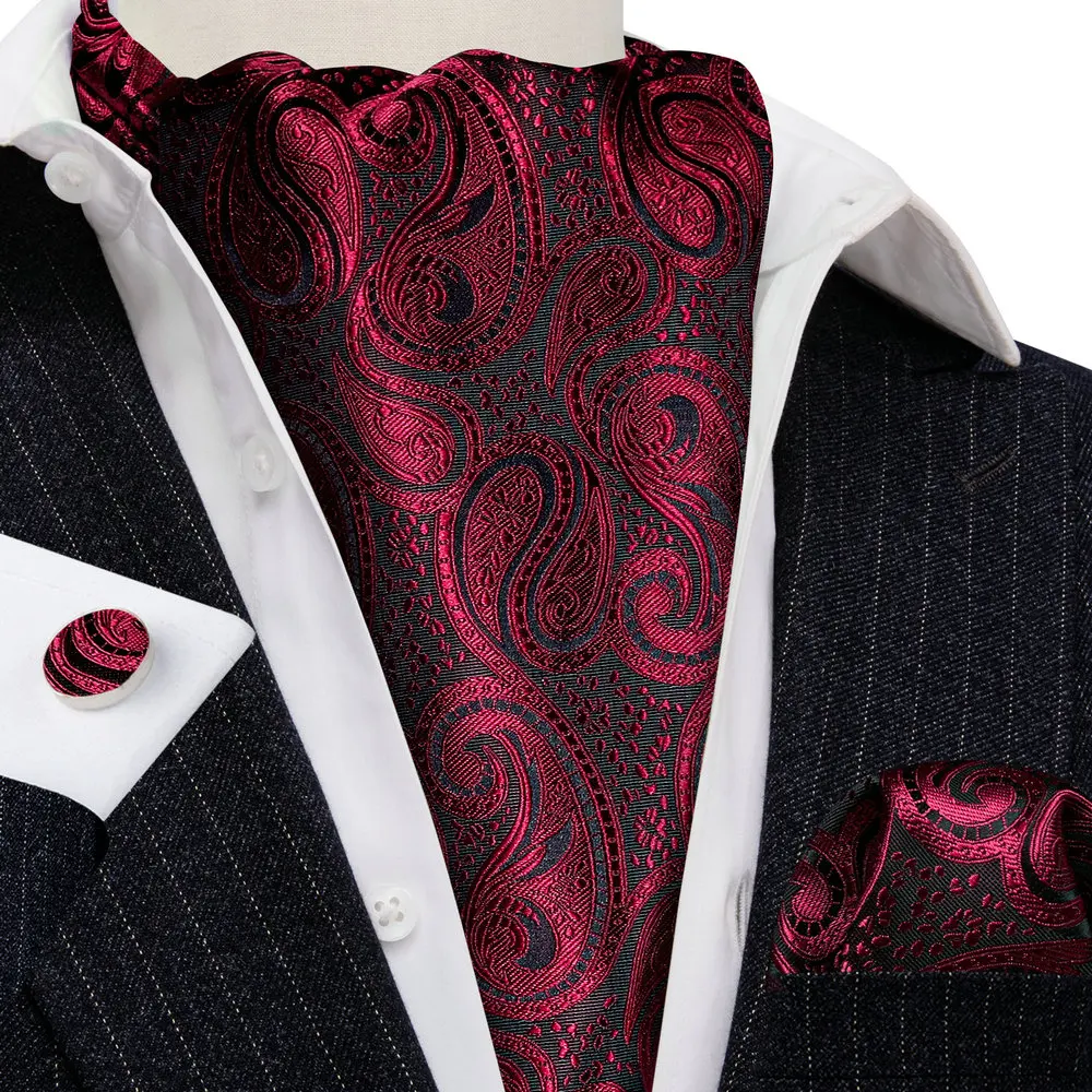 

Luxury Wedding Silk Ascoat Mens Classic Red Paisley Jacquard Cravat Handkerchief Cufflink Set Business Designer Barry.Wang SA-01