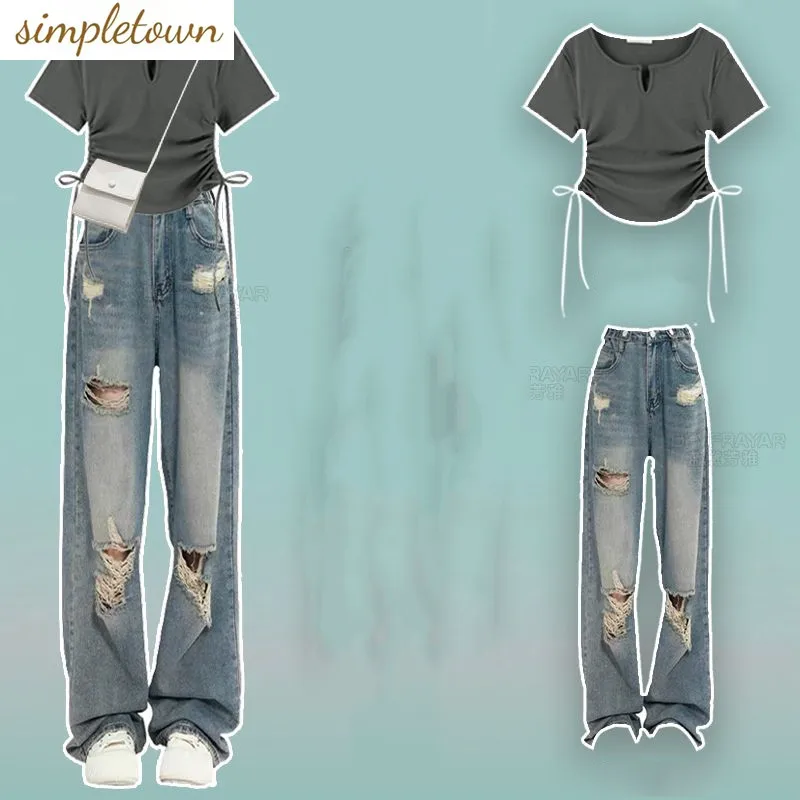 Summer Gentle Style Wear Two Piece Set for Women's 2023 New College Style Unique Top with Perforated Jeans Two Piece Set
Summer Gentle Style Wear Two Piece Set for Women's 2023 New College Style Unique Top with Perforated Jeans Two Piece Set