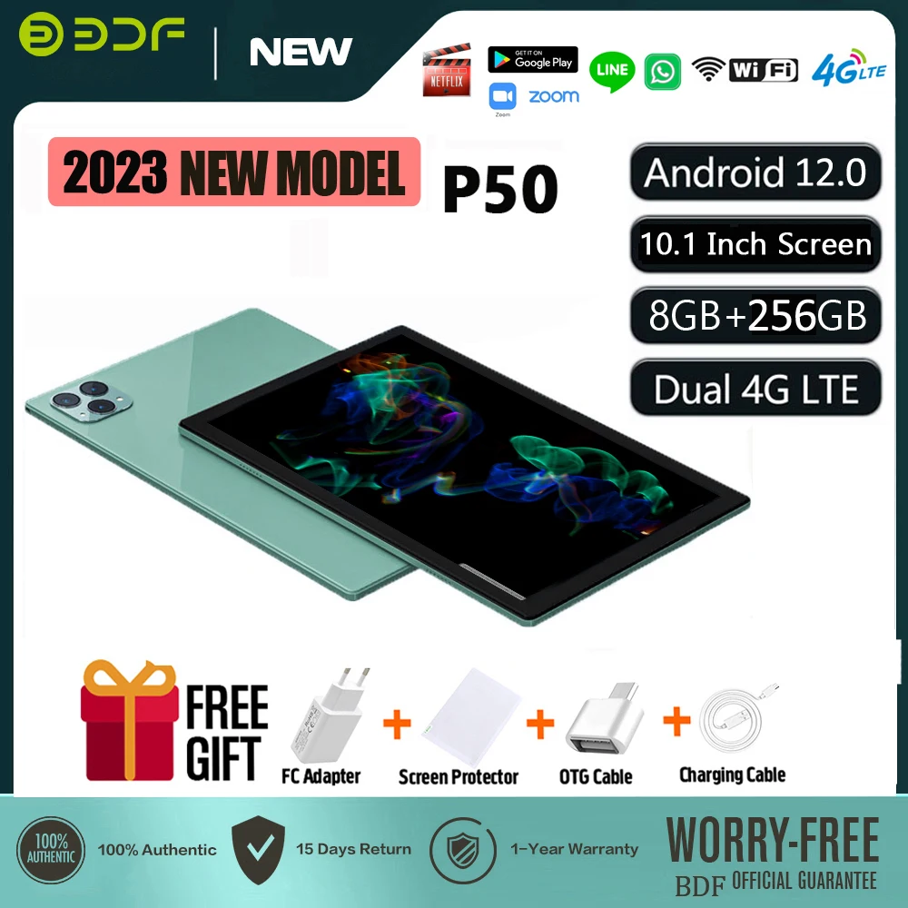 

BDF P50 Plus New 10.1 Inch Tablet Pc Octa Core 8GB RAM 256GB ROM Tablet 4G Network Phone Bluetooth 5.0 Android 12.0 Tab Pad 2023