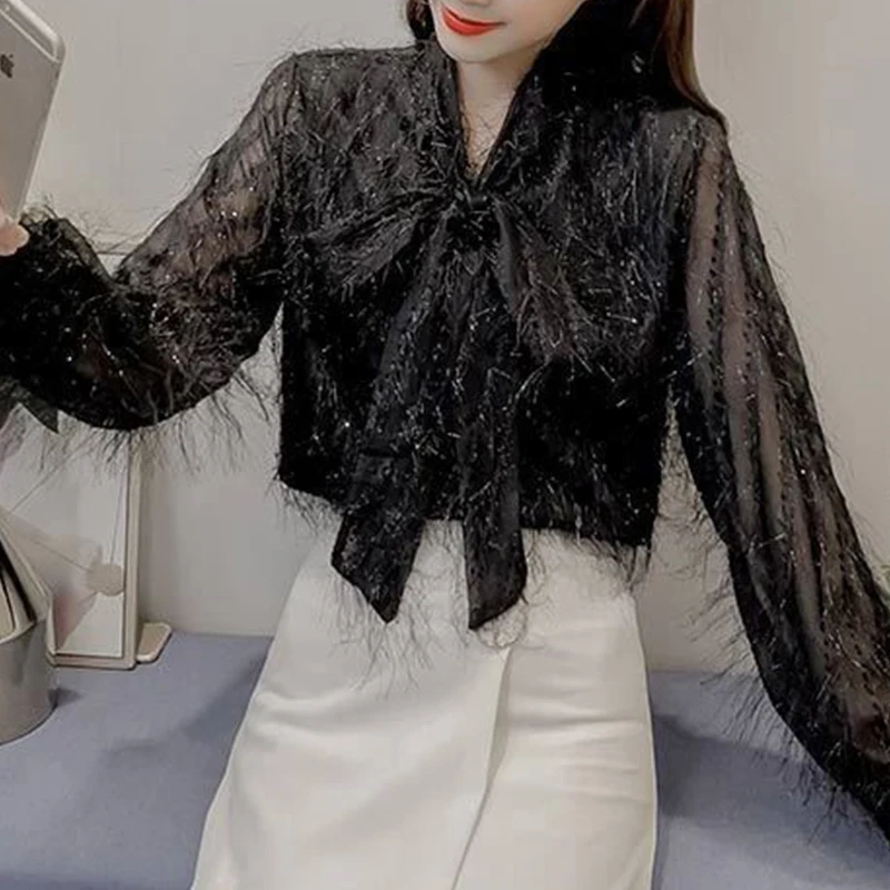 

Autumn Shirt Office Lady Solid Color Chic Shirt Women Stylish Aesthetic Solid Color Drawstring Bright Silk Lantern Sleeve Top
