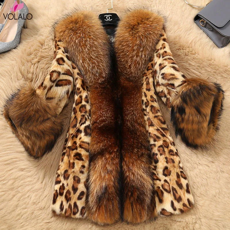

VOLALO S-6XL Leopard Print Sexy Natural Fox Fur Coats Outerwear Women Whole Skin Fur Overcoat Jackets Raccoon Dog Fur Collar