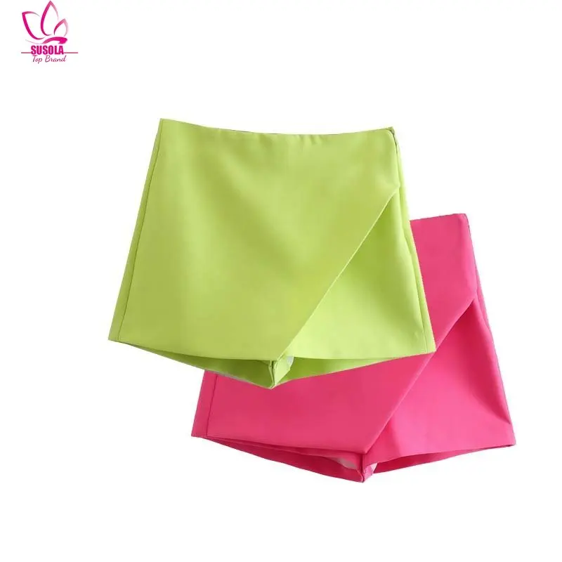 

SUSOLA New Women Trend Candy Color Asymmetrical Shorts Skirts Lady Zipper Fly Pockets Hot Shorts Chic Pantalone Cortos