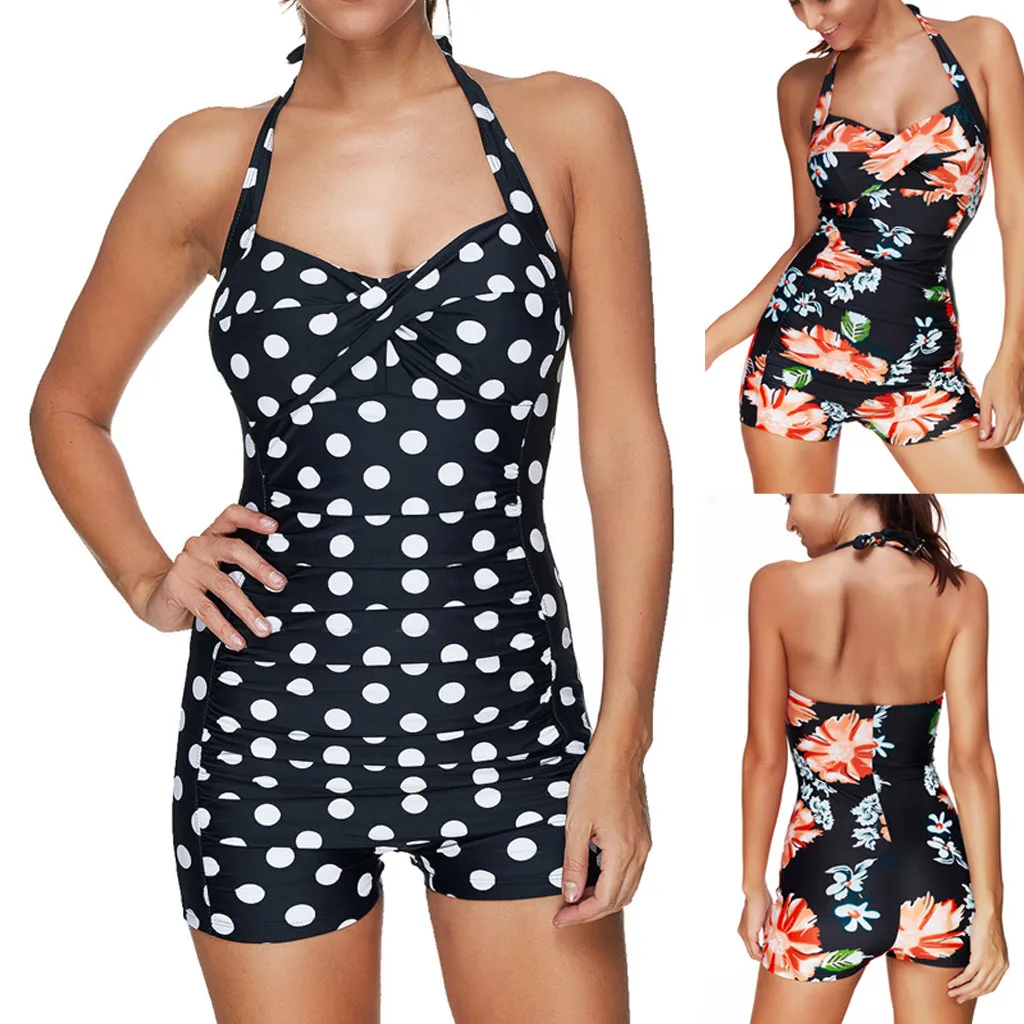 

2023 Backless Bikini Tankini Swimsuits Women One Piece Swimsuit Plus Size Polka Dot Halter Shorts Female Bathing Suit Beachwear