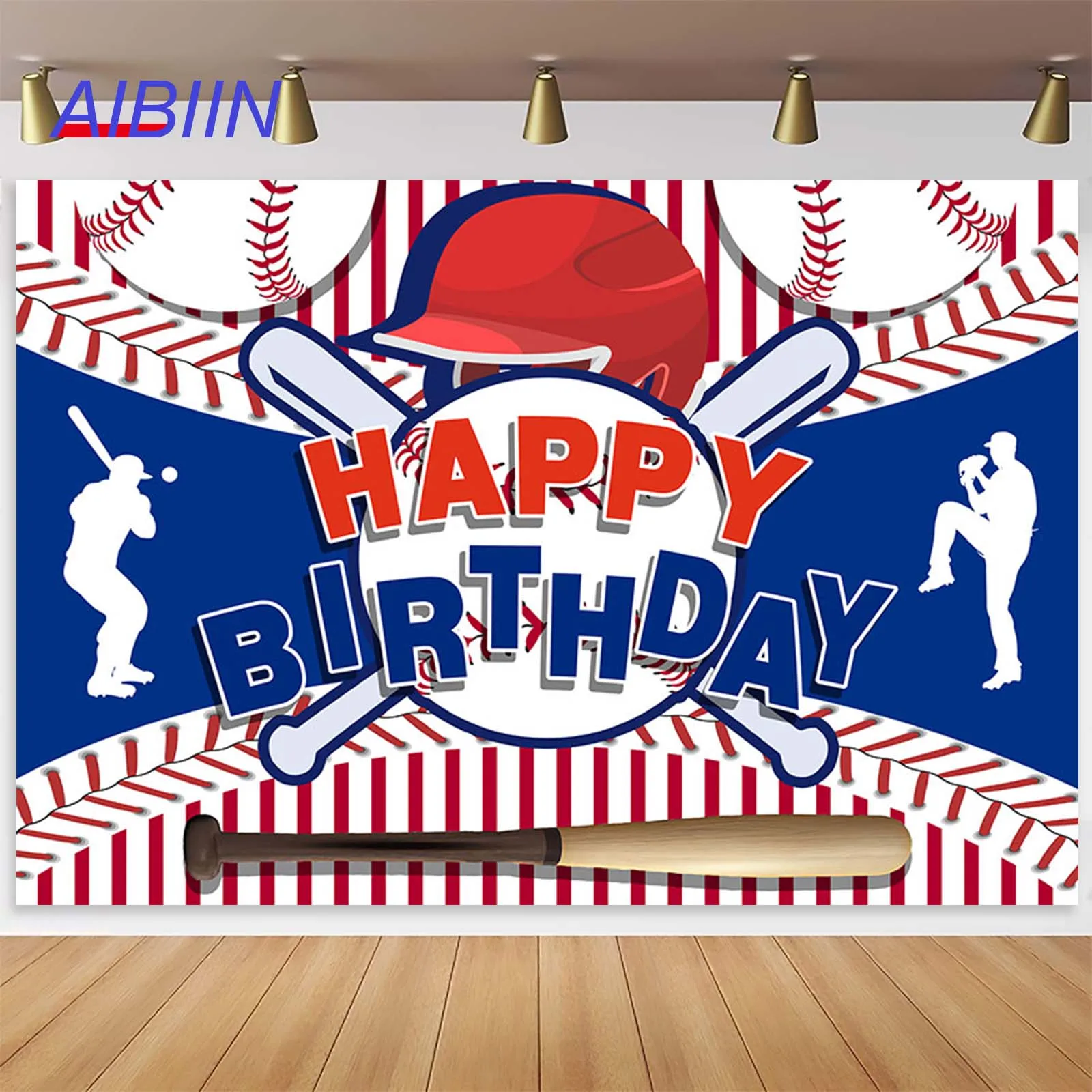 

AIBIIN Birthday Backdrop Baseball Red Stripes Blue Boy Sportsman Batter Photography Background Cake Table Banner Party Decor
