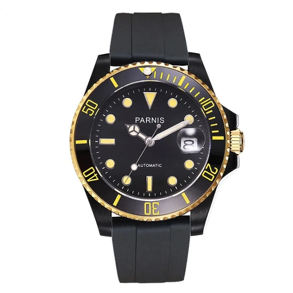 

40mm Parnis Black PVD Case Black Dial Sapphire Glass Luminous Marks Luxury Brand Automatic Movement Men's Watch