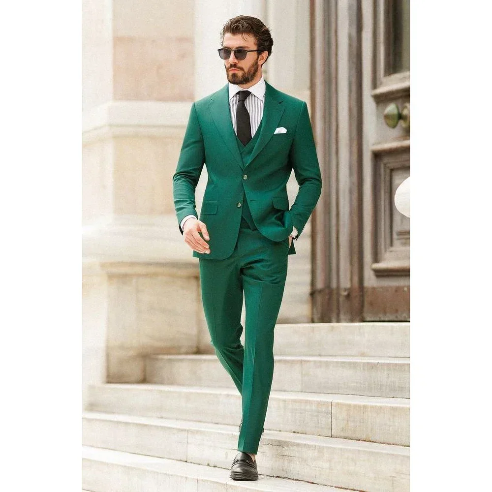 

Green Solid Men Suits 3 Piece Smart Casual Notch Lapel Single Outfits Wedding Groom Tuxedo Slim Fit (Blazer+Vest+Pants)