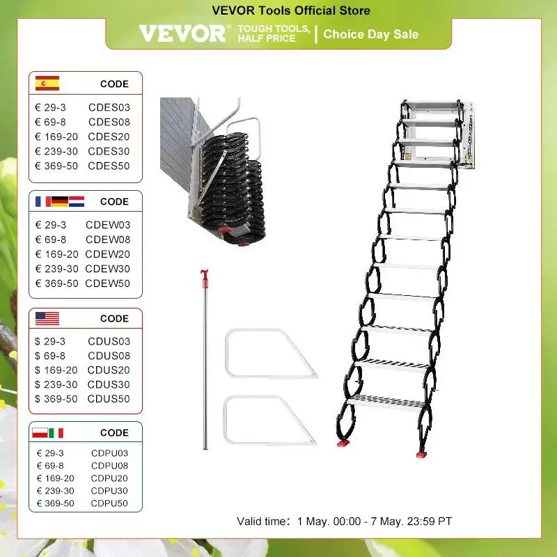 

VEVOR 12 - Steps Retractable Folding Loft Wall Ladder Attic Steps Pull Down Stairs Black Red Blue for Garages Warehouses Shops