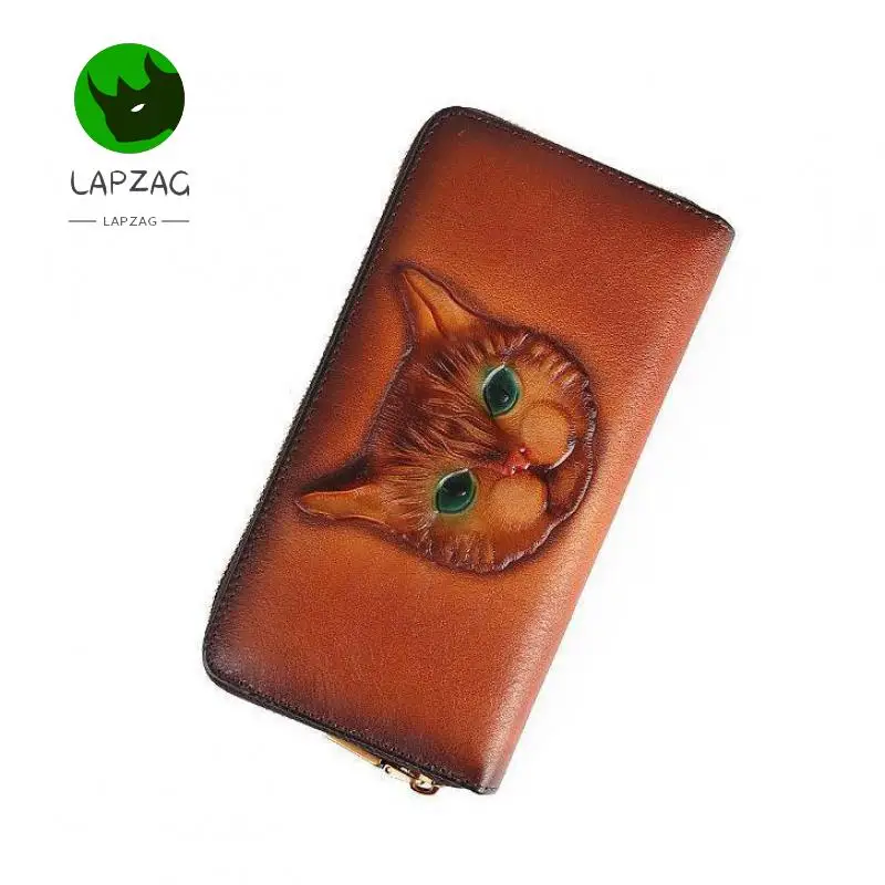 

Lapzag Retro Genuine Leather wallet Coin Purse 2024 Cat Embossed Multifunction Card holder cell phone Clutch Bag for men & momen